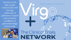 Virgo and CTNx Partner. Network of 30+ high-qualify research sites will leverage endoscopy Al platform to expand and accelerate enrollment in gastroenterology clinical trials. Blue and white banner.