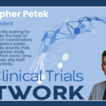 image with Christopher Petek the Clinical Trials Newtwork president. Banner with quote. Blue and white.