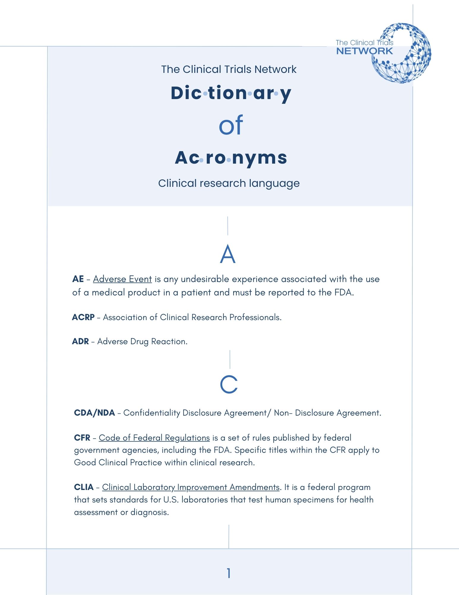The Clinical Trials Network Dictionary of Acronyms A through C. Blue and white
