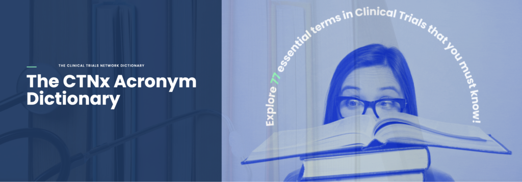 The CTNx Acronym Dictionary Blog post. Blue and white banner. With girl with glasses reading a book.